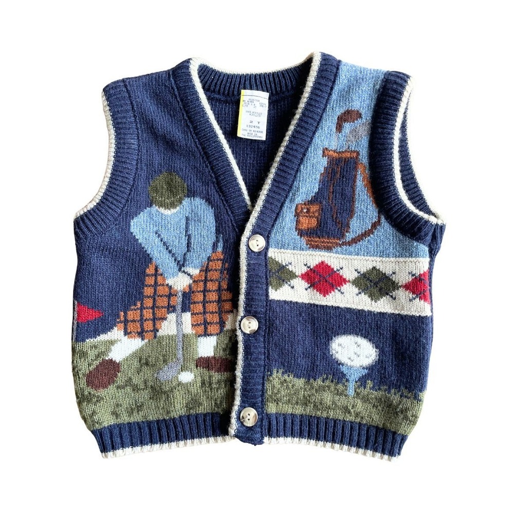 Vintage Toddler Golf Sweater Vest Cardigan 2T Button Front Golfer Intarsia Knit